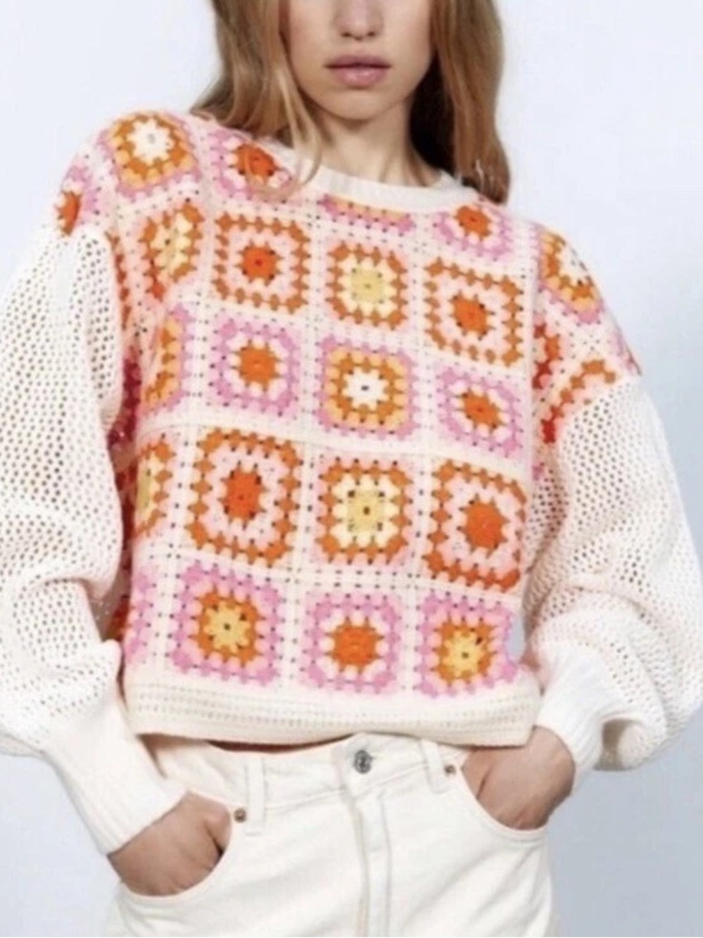 Zara Crochet Chenille Granny Square Patchwork Tutti Sweater Sz M